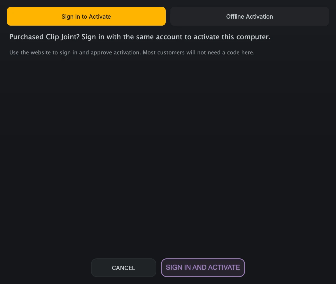 The activation dialog
