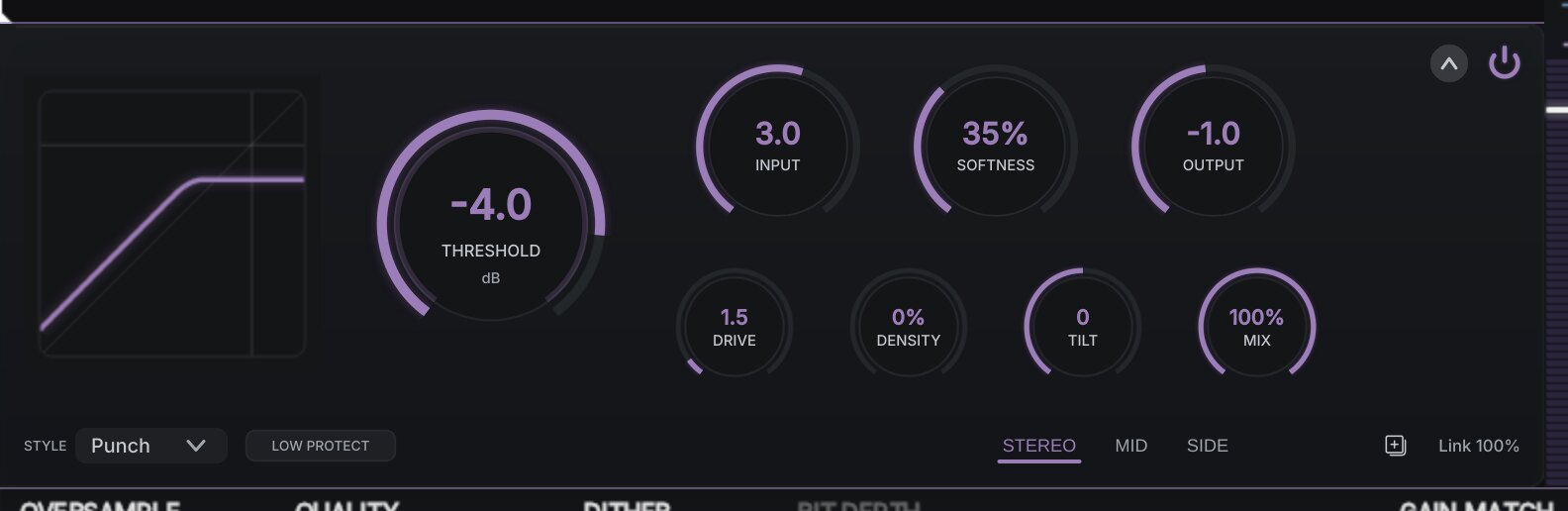 Clip Joint's docked clip bar — the transfer curve, the hero Threshold knob, and the Input, Softness, Output, Drive, Density, Tilt, and Mix knobs