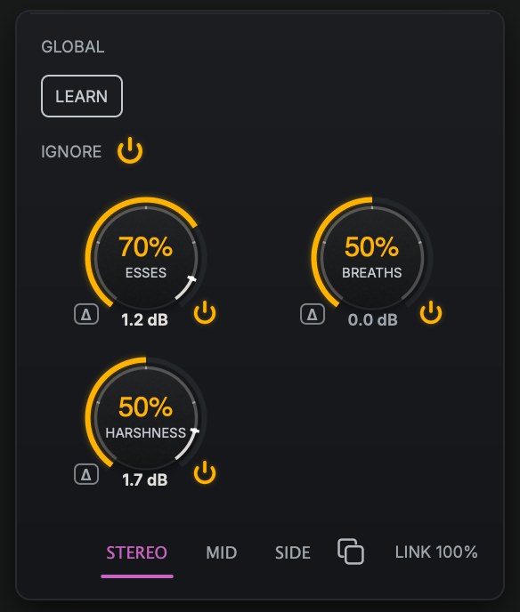The Ignore panel on a lead vocal: Esses at 70% holding back 1.2 dB, Breaths at 50% holding back 0.0 dB, and Harshness at 50% holding back 1.7 dB of lift.