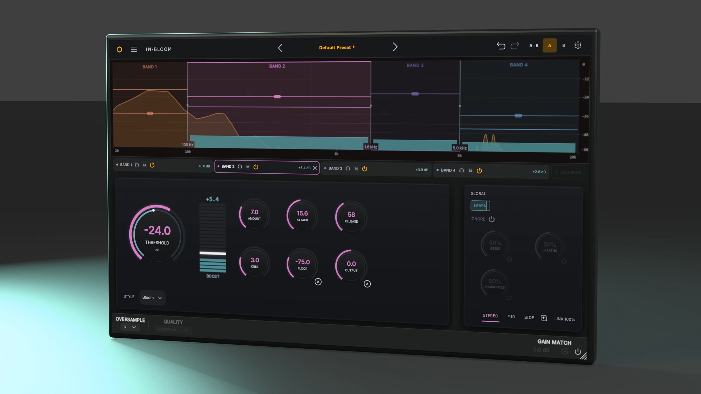 In Bloom key art: the In Bloom window in 3D, with four bands on the spectrum and the band panel lifting by 5.4 dB.
