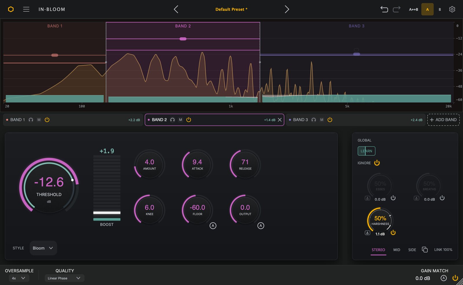In Bloom while Learn listens to a full mix: the LEARN button part-filled with progress, and Band 2's Threshold, Attack and Release moving toward Learn's estimate.