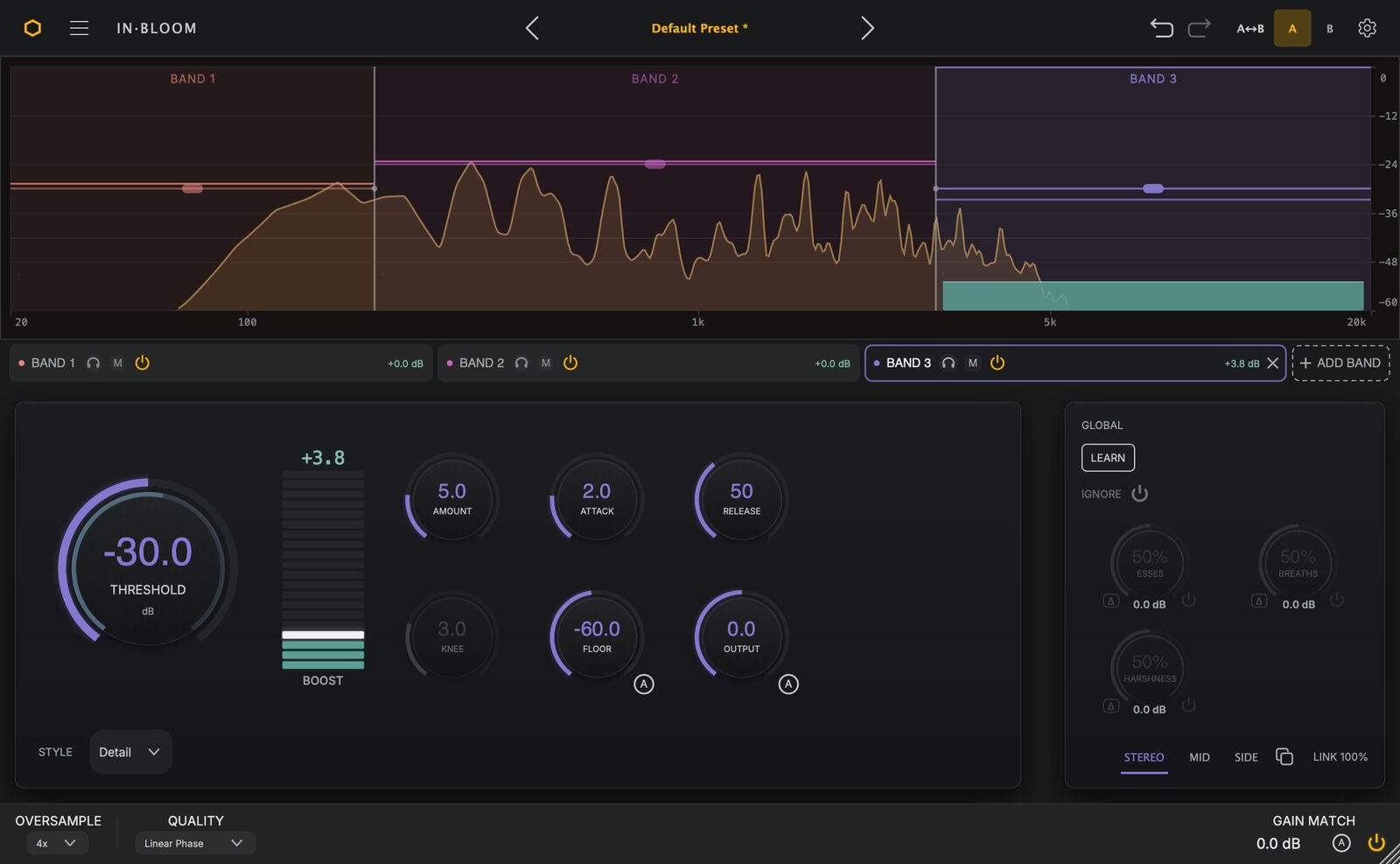In Bloom's top band set to the Detail Style on a guitar, lifting pick and string detail above 3 kHz by 3.8 dB.